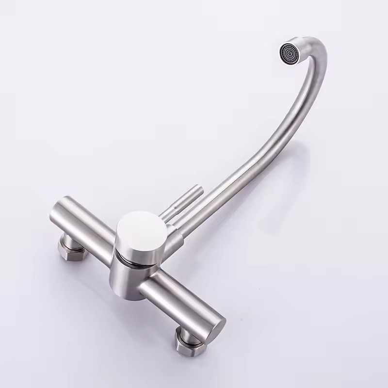 304 Stainless Steel Wall-Mounted Kitchen Faucet, Double Hole Rotatable Tap with Hot and Cold Water for Sink
