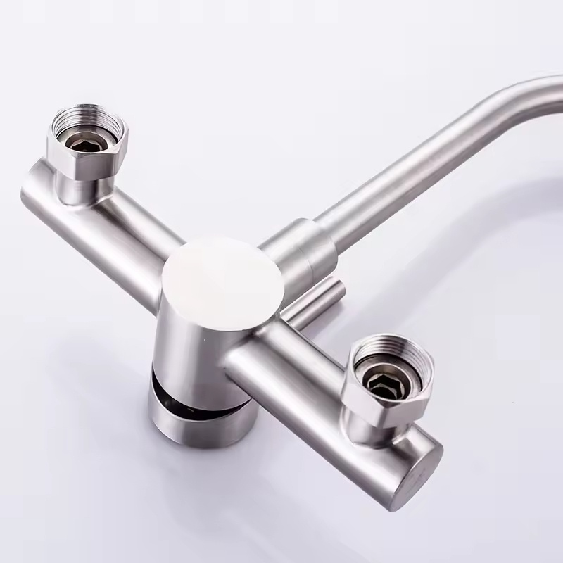 304 Stainless Steel Wall-Mounted Kitchen Faucet, Double Hole Rotatable Tap with Hot and Cold Water for Sink