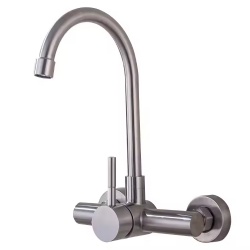 304 Stainless Steel Wall-Mounted Kitchen Faucet, Double Hole Rotatable Tap with Hot and Cold Water for Sink