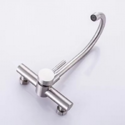 304 Stainless Steel Wall-Mounted Kitchen Faucet, Double Hole Rotatable Tap with Hot and Cold Water for Sink